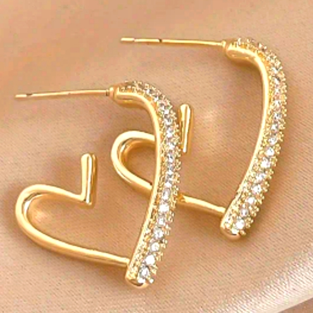 Heart Design Hoop Earrings Alloy 18K Plated BLING Jewelry Simulated Diamonds